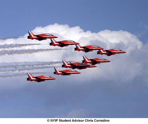 In 2008, The United Kingdom’s Red Arrows performed over Staten Island in their first ever visit to New York.  A 400mm lens was used to emphasize the team’s formation, along with the clouds, and smoke.