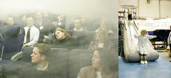 From a flight safety training course a few years ago. The people on the left seem remarkably calm, given that they're about to be burnt alive — perhaps it's because they know that in a few minutes they'll get to jump down the slide!