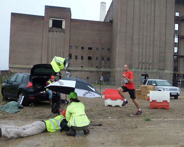 Shooting in the shadow of Battersea Power Station in London. Besides the fact the weather's appalling, we're all wearing full PPE gear to comply with health and safety regulations, and, although you can't tell from this shot, we're not allowed within 200 yards of the Superstructure.