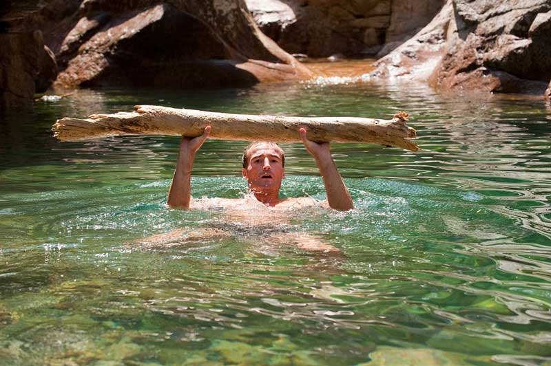 Busting Equipment 2: Erwan le Corre, founder of Movnat, in the river in Corsica, which I promptly fell into, camera still attached. Being a pro body, and with only a brief immersion, the camera carried on working quite happily.