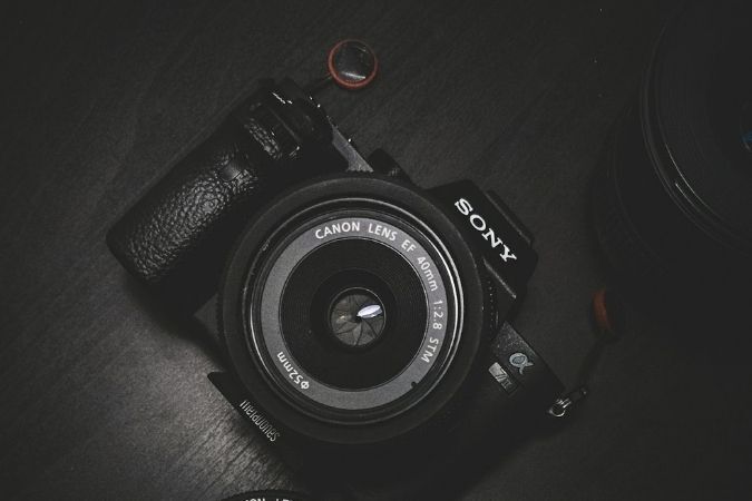 Black Sony camera laying on table.